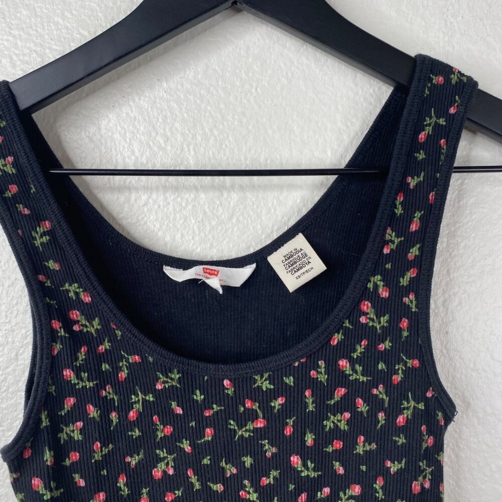 Levis Tank Top Women's Black Sz XS Ditzy Floral Rosebud Ribbed Cottage Core - Picture 3 of 7